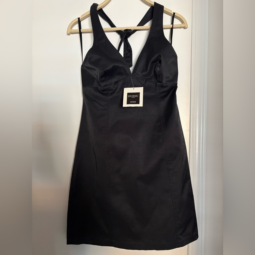 GUESS Black Strapless Satin Stretch Dress with Tie Detail